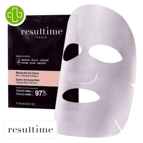 Produit de la marque Resultime Masque Anti-Âge Express Micro-Diffusion Collagène - 10ml sur un fond blanc avec un logo Parachezvous celui de de la marque Resultime