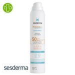 Produit de la marque Sesderma Repaskin Pediatrics Lotion Spray Solaire Spf50 - 200ml sur un fond blanc avec un logo Parachezvous et celui de de la marque Sesderma