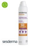 Produit de la marque Sesderma Repaskin Spray Solaire Transparent Spf50 - 200ml sur un fond blanc avec un logo Parachezvous et celui de de la marque Sesderma