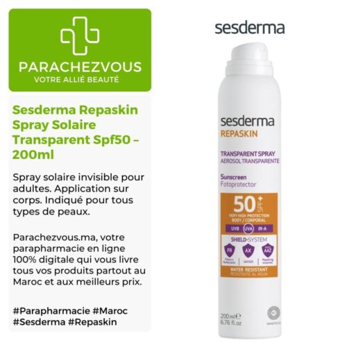 Produit de la marque Sesderma Repaskin Spray Solaire Transparent Spf50 - 200ml sur un fond blanc, vert et gris avec un logo Parachezvous et celui de la marque Sesderma ainsi qu'une description qui détail les informations du produit