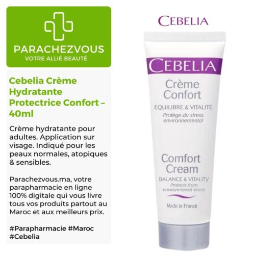 Produit de la marque Cebelia Crème Hydratante Protectrice Confort - 40ml sur un fond blanc, vert et gris avec un logo Parachezvous et celui de la marque Cebelia ainsi qu'une description qui détail les informations du produit