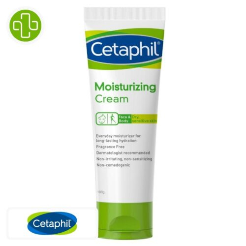 Produit de la marque Cetaphil Crème Hydratante Peaux Sèches & Sensibles - 100g sur un fond blanc avec un logo Parachezvous et celui de de la marque Cetaphil