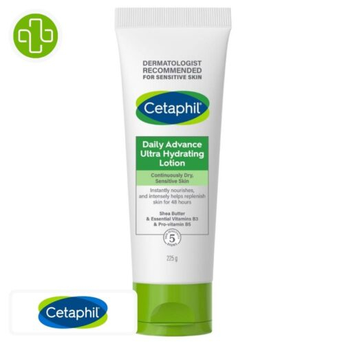 Produit de la marque Cetaphil Daily Advance Lotion Ultra-Hydratante Peaux Sèches & Sensibles - 225g sur un fond blanc avec un logo Parachezvous et celui de de la marque Cetaphil