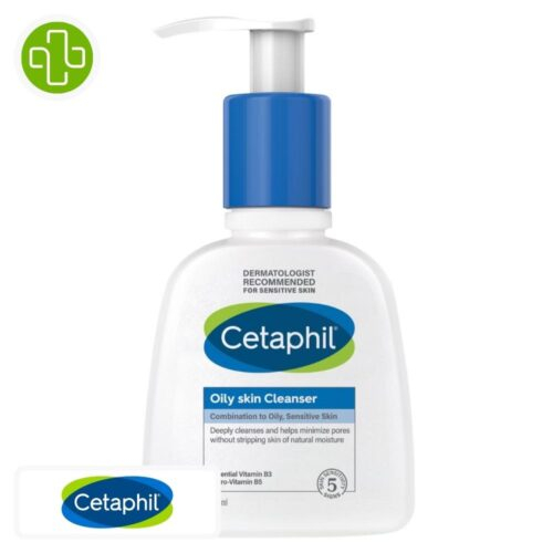 Produit de la marque Cetaphil Gel Nettoyant Peaux Mixtes Grasses & Acnéiques - 236ml sur un fond blanc avec un logo Parachezvous et celui de de la marque Cetaphil
