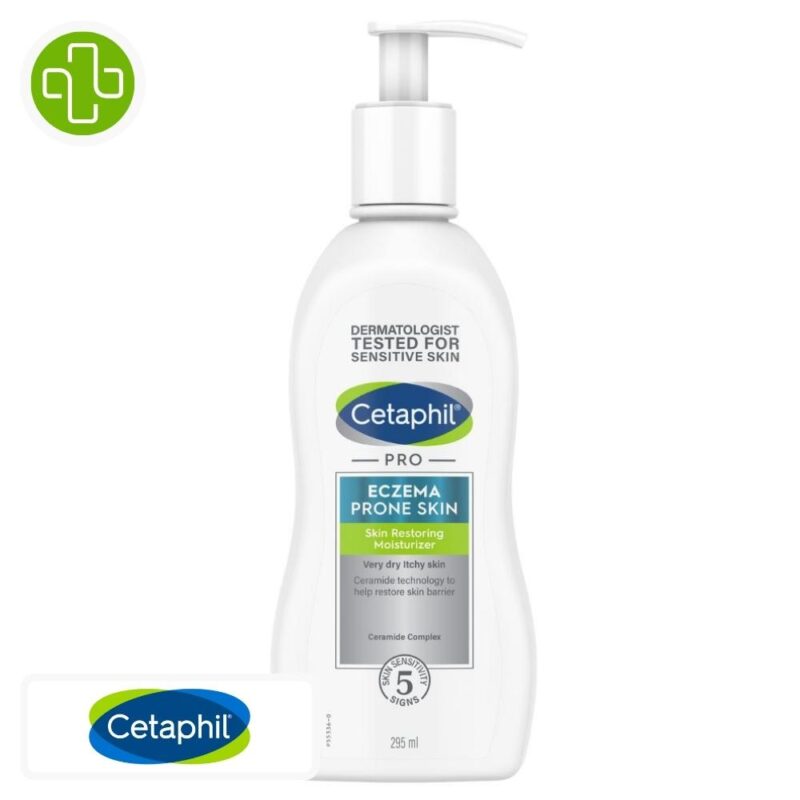 Produit de la marque cetaphil pro eczema lotion hydratante peaux très sèches - 295ml sur un fond blanc avec un logo parachezvous et celui de de la marque cetaphil