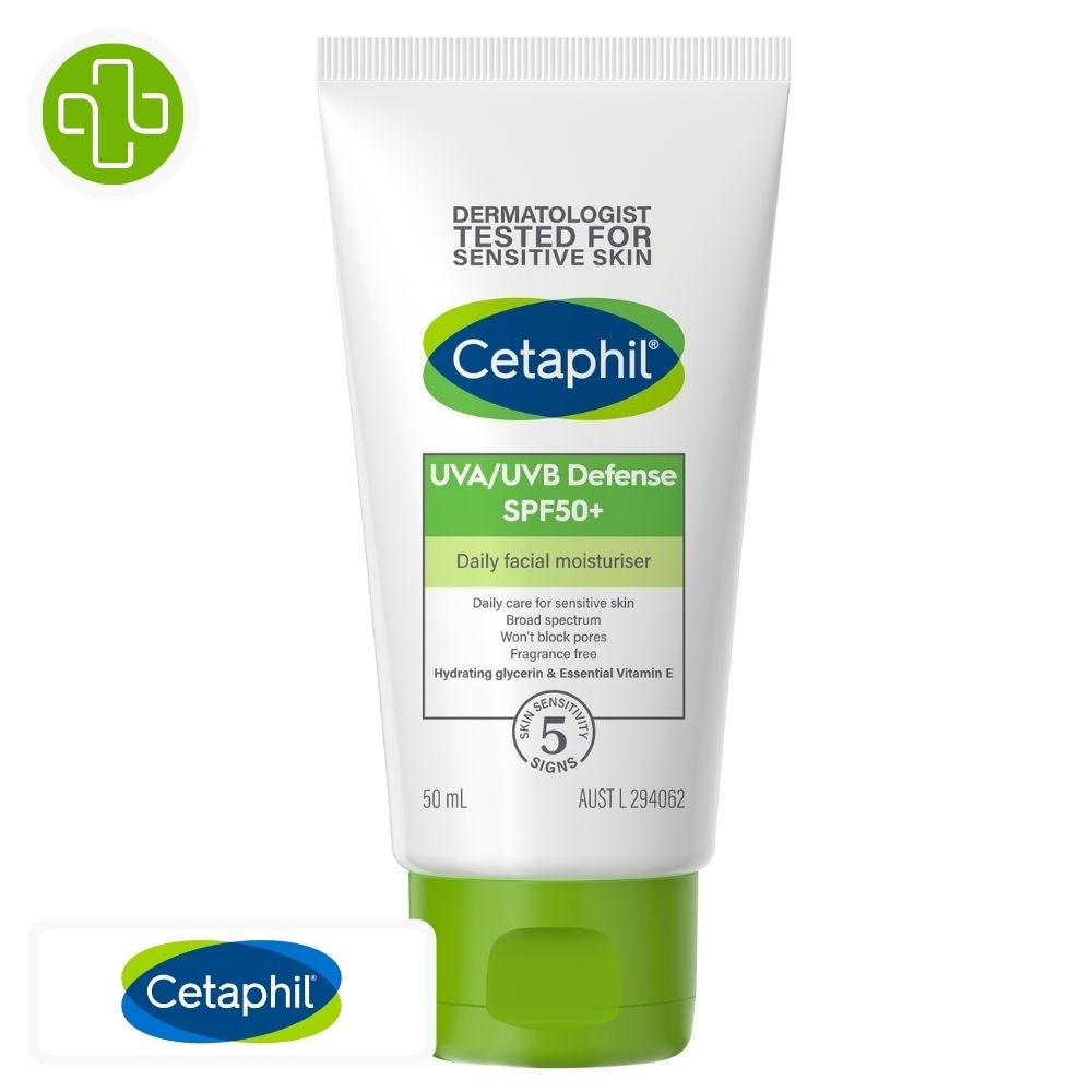 Produit de la marque cetaphil uva/uvb defense crème solaire spf50 - 50ml sur un fond blanc avec un logo parachezvous et celui de de la marque cetaphil