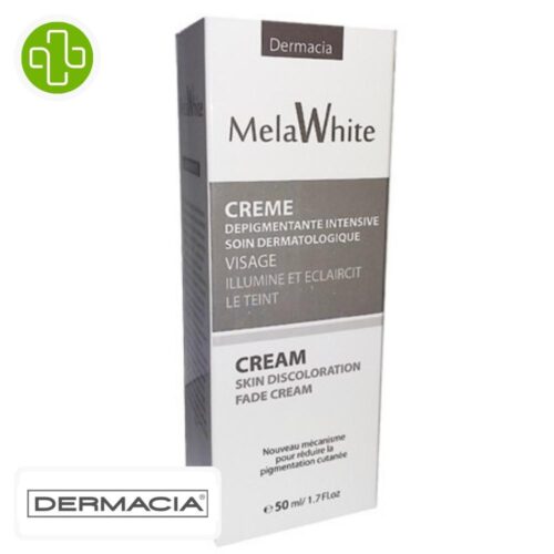 Produit de la marque Dermacia MelaWhite Crème Dépigmentante Intensive Soin Dermatologique - 50ml sur un fond blanc avec un logo Parachezvous et celui de de la marque Dermacia
