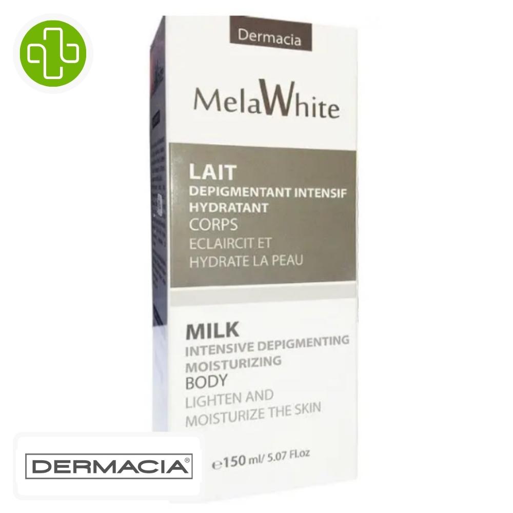 Produit de la marque dermacia melawhite lait dépigmentant intensif hydratant - 150ml sur un fond blanc avec un logo parachezvous et celui de de la marque dermacia