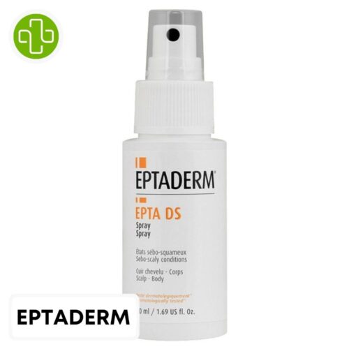 Produit de la marque eptaderm epta ds spray états sébo-squameux - 50ml sur un fond blanc avec un logo parachezvous et celui de de la marque eptaderm