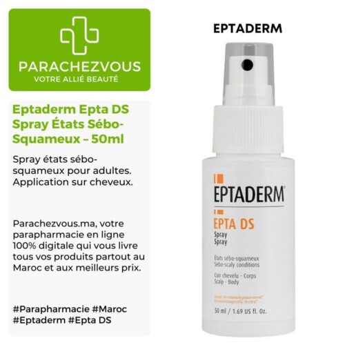 Produit de la marque eptaderm epta ds spray états sébo-squameux - 50ml sur un fond blanc, vert et gris avec un logo parachezvous et celui de la marque eptaderm ainsi qu'une description qui détail les informations du produit