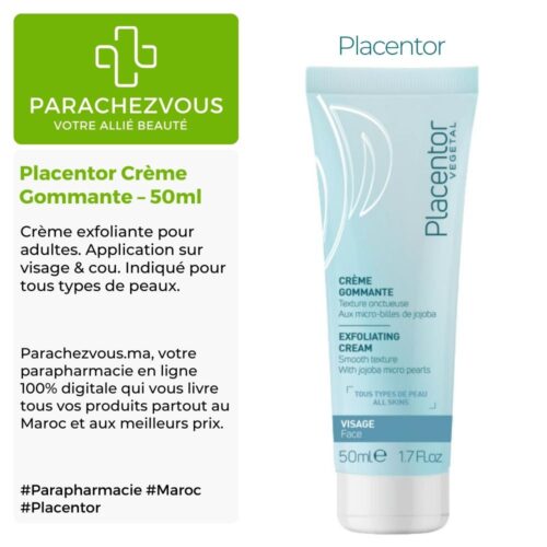 Produit de la marque Placentor Crème Gommante - 50ml sur un fond blanc, vert et gris avec un logo Parachezvous et celui de la marque Placentor ainsi qu'une description qui détail les informations du produit