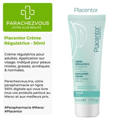 Produit de la marque Placentor Crème Régulatrice - 50ml sur un fond blanc, vert et gris avec un logo Parachezvous et celui de la marque Placentor ainsi qu'une description qui détail les informations du produit