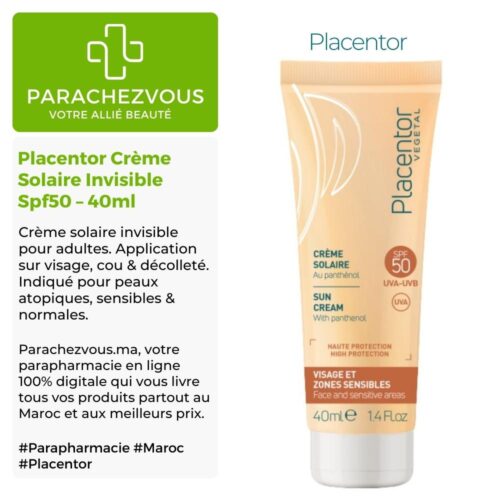 Produit de la marque Placentor Crème Solaire Invisible Spf50 - 40ml sur un fond blanc, vert et gris avec un logo Parachezvous et celui de la marque Placentor ainsi qu'une description qui détail les informations du produit
