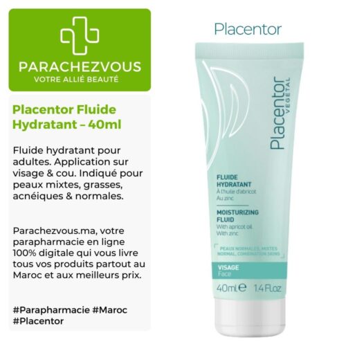 Produit de la marque placentor fluide hydratant - 40ml sur un fond blanc, vert et gris avec un logo parachezvous et celui de la marque placentor ainsi qu'une description qui détail les informations du produit