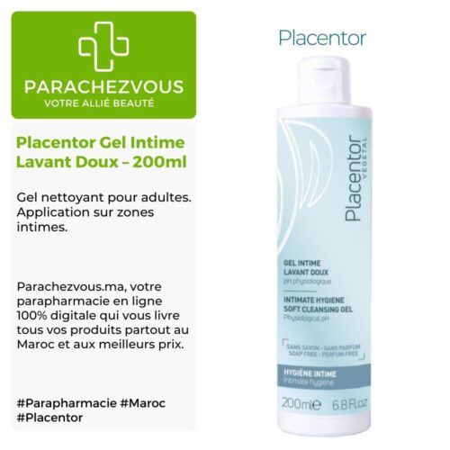 Produit de la marque Placentor Gel Intime Lavant Doux - 200ml sur un fond blanc, vert et gris avec un logo Parachezvous et celui de la marque Placentor ainsi qu'une description qui détail les informations du produit