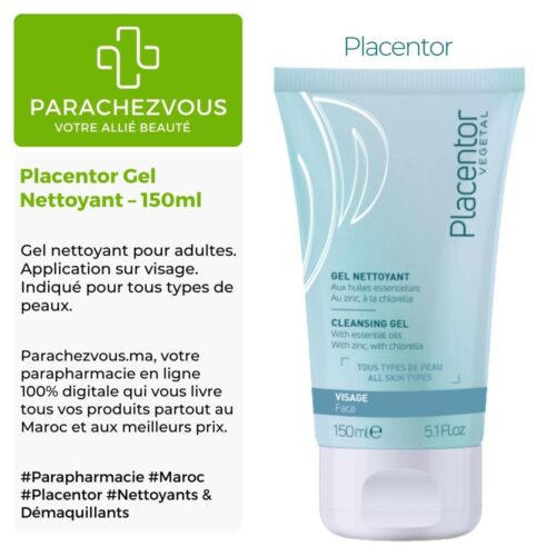 Produit de la marque Placentor Gel Nettoyant - 150ml sur un fond blanc, vert et gris avec un logo Parachezvous et celui de la marque Placentor ainsi qu'une description qui détail les informations du produit