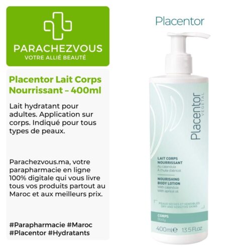 Produit de la marque Placentor Lait Corps Nourrissant - 400ml sur un fond blanc, vert et gris avec un logo Parachezvous et celui de la marque Placentor ainsi qu'une description qui détail les informations du produit