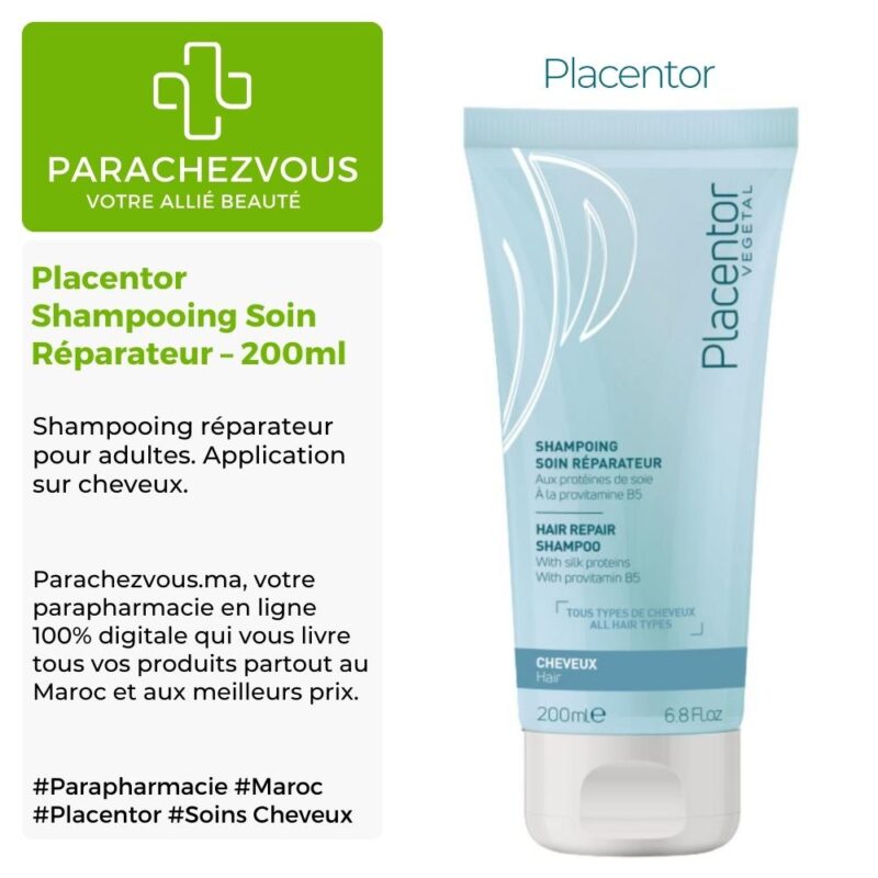 Produit de la marque placentor shampooing soin réparateur - 200ml sur un fond blanc, vert et gris avec un logo parachezvous et celui de la marque placentor ainsi qu'une description qui détail les informations du produit