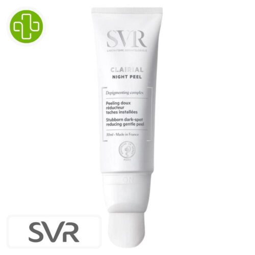 Produit de la marque SVR Clairial Night Peel Correcteur de Taches Installées – 50ml sur un fond blanc avec un logo Parachezvous et celui de de la marque SVR