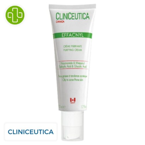 Produit de la marque Cliniceutica Effacnyl Soin Purifiant - 50ml sur un fond blanc avec un logo Parachezvous et celui de de la marque Cliniceutica