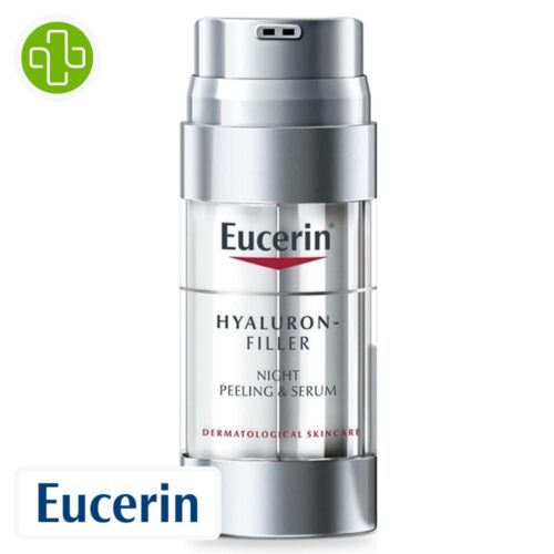 Produit de la marque Eucerin Hyaluron-Filler Peeling & Sérum de Nuit Anti-Âge - 30ml sur un fond blanc avec un logo Parachezvous et celui de de la marque Eucerin