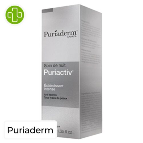 Produit de la marque Puriaderm Puriactiv Soin de Nuit Éclaircissant Intense - 30ml sur un fond blanc avec un logo Parachezvous et celui de de la marque Puriaderm