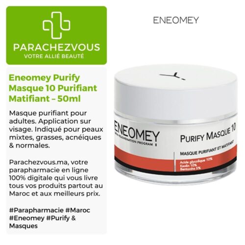 Produit de la marque Eneomey Purify Masque 10 Purifiant Matifiant - 50ml sur un fond blanc, vert et gris avec un logo Parachezvous et celui de la marque Eneomey ainsi qu'une description qui détail les informations du produit