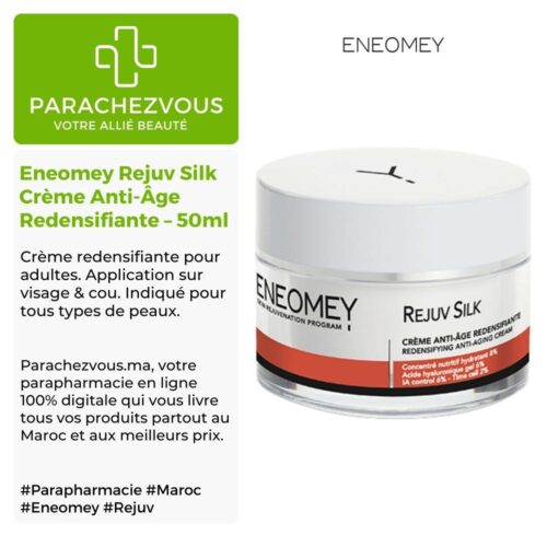 Produit de la marque Eneomey Rejuv Silk Crème Anti-Âge Redensifiante - 50ml sur un fond blanc, vert et gris avec un logo Parachezvous et celui de la marque Eneomey ainsi qu'une description qui détail les informations du produit
