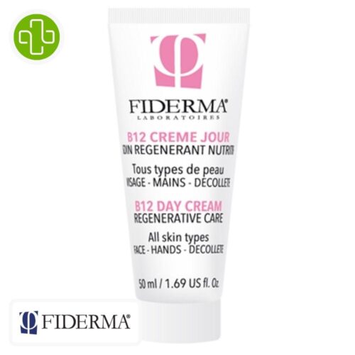 Produit de la marque Fiderma B12 Crème Régénérante Nutritive de Jour - 50ml sur un fond blanc avec un logo Parachezvous celui de de la marque Fiderma