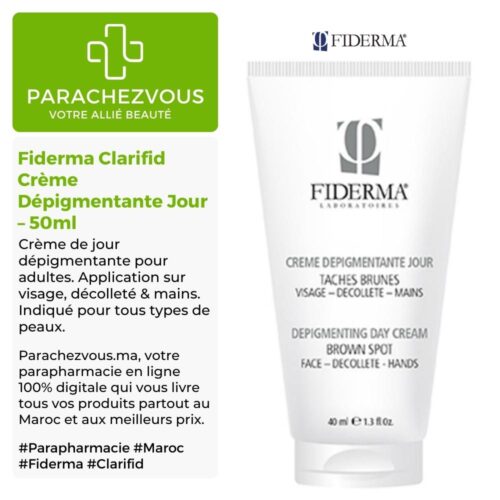 Produit de la marque Fiderma Clarifid Crème Dépigmentante Jour - 50ml sur un fond blanc, vert et gris avec un logo Parachezvous et celui de la marque Fiderma ainsi qu'une description qui détail les informations du produit