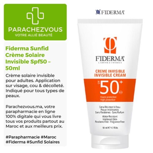 Produit de la marque Fiderma Sunfid Crème Solaire Invisible Spf50 - 50ml sur un fond blanc, vert et gris avec un logo Parachezvous et celui de la marque Fiderma ainsi qu'une description qui détail les informations du produit