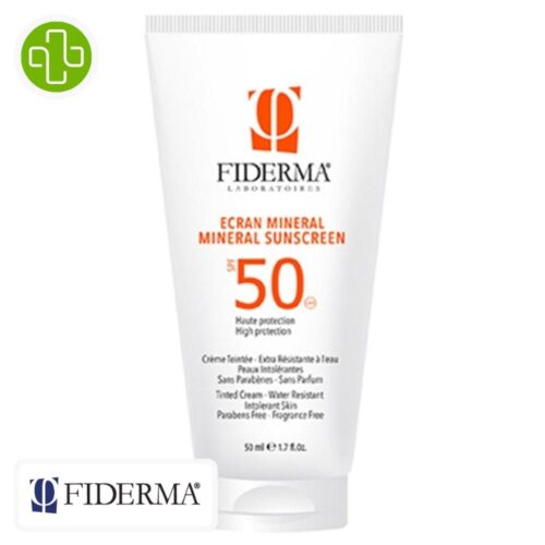 Produit de la marque Fiderma Sunfid Crème Solaire Minérale Teintée Spf50 - 50ml sur un fond blanc avec un logo Parachezvous celui de de la marque Fiderma