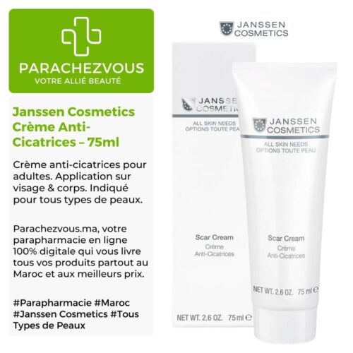 Produit de la marque Janssen Cosmetics Crème Anti-Cicatrices - 75ml sur un fond blanc, vert et gris avec un logo Parachezvous et celui de la marque Janssen Cosmetics ainsi qu'une description qui détail les informations du produit