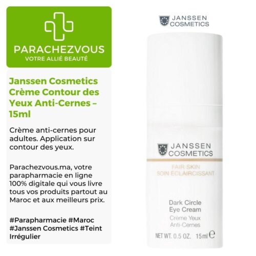Produit de la marque Janssen Cosmetics Crème Contour des Yeux Anti-Cernes - 15ml sur un fond blanc, vert et gris avec un logo Parachezvous et celui de la marque Janssen Cosmetics ainsi qu'une description qui détail les informations du produit