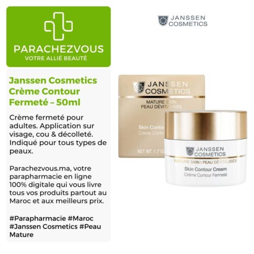 Produit de la marque Janssen Cosmetics Crème Contour Fermeté - 50ml sur un fond blanc, vert et gris avec un logo Parachezvous et celui de la marque Janssen Cosmetics ainsi qu'une description qui détail les informations du produit