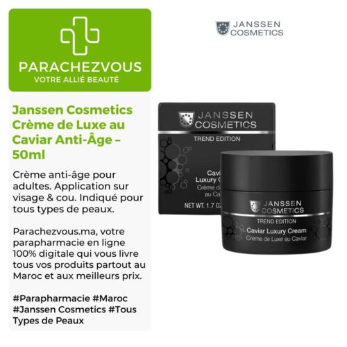 Produit de la marque Janssen Cosmetics Crème de Luxe au Caviar Anti-Âge - 50ml sur un fond blanc, vert et gris avec un logo Parachezvous et celui de la marque Janssen Cosmetics ainsi qu'une description qui détail les informations du produit
