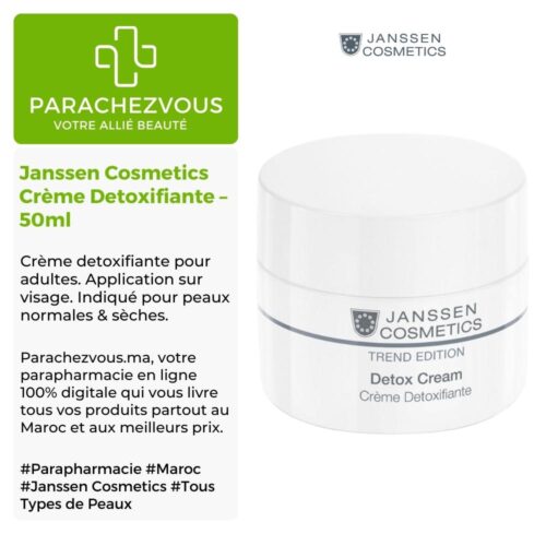 Produit de la marque Janssen Cosmetics Crème Detoxifiante - 50ml sur un fond blanc, vert et gris avec un logo Parachezvous et celui de la marque Janssen Cosmetics ainsi qu'une description qui détail les informations du produit