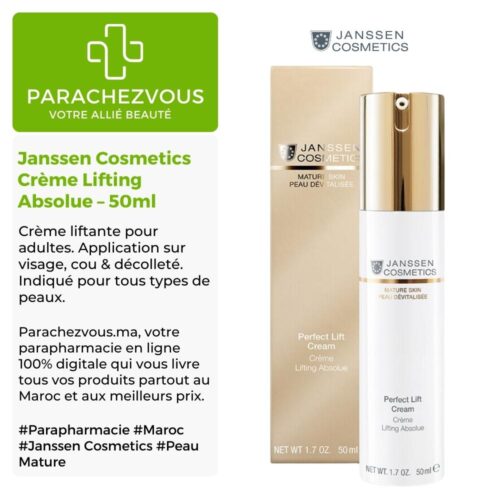 Produit de la marque Janssen Cosmetics Crème Lifting Absolue - 50ml sur un fond blanc, vert et gris avec un logo Parachezvous et celui de la marque Janssen Cosmetics ainsi qu'une description qui détail les informations du produit