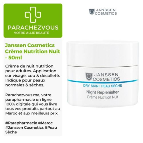 Produit de la marque Janssen Cosmetics Crème Nutrition Nuit - 50ml sur un fond blanc, vert et gris avec un logo Parachezvous et celui de la marque Janssen Cosmetics ainsi qu'une description qui détail les informations du produit