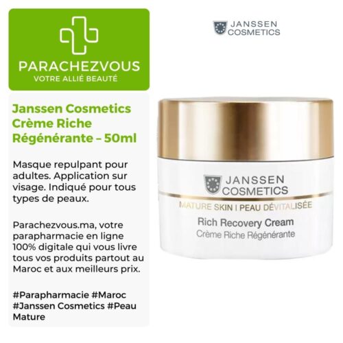 Produit de la marque Janssen Cosmetics Crème Riche Régénérante - 50ml sur un fond blanc, vert et gris avec un logo Parachezvous et celui de la marque Janssen Cosmetics ainsi qu'une description qui détail les informations du produit