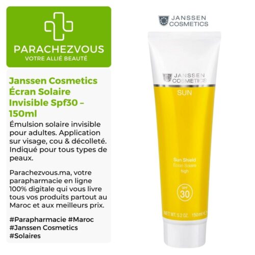Produit de la marque Janssen Cosmetics Écran Solaire Invisible Spf30 - 150ml sur un fond blanc, vert et gris avec un logo Parachezvous et celui de la marque Janssen Cosmetics ainsi qu'une description qui détail les informations du produit