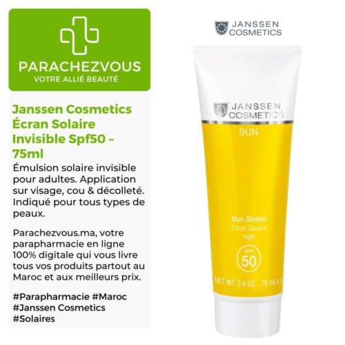 Produit de la marque Janssen Cosmetics Écran Solaire Invisible Spf50 - 75ml sur un fond blanc, vert et gris avec un logo Parachezvous et celui de la marque Janssen Cosmetics ainsi qu'une description qui détail les informations du produit