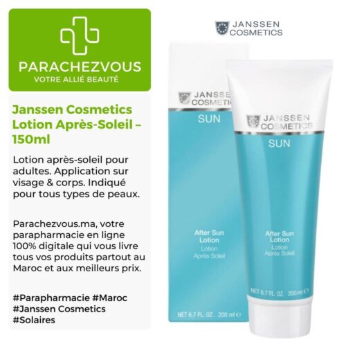 Produit de la marque Janssen Cosmetics Lotion Après-Soleil - 150ml sur un fond blanc, vert et gris avec un logo Parachezvous et celui de la marque Janssen Cosmetics ainsi qu'une description qui détail les informations du produit