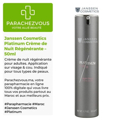 Produit de la marque Janssen Cosmetics Platinum Crème de Nuit Régénérante - 50ml sur un fond blanc, vert et gris avec un logo Parachezvous et celui de la marque Janssen Cosmetics ainsi qu'une description qui détail les informations du produit
