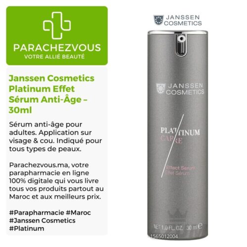 Produit de la marque Janssen Cosmetics Platinum Effet Sérum Anti-Âge - 30ml sur un fond blanc, vert et gris avec un logo Parachezvous et celui de la marque Janssen Cosmetics ainsi qu'une description qui détail les informations du produit