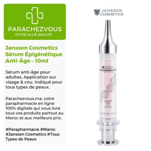 Produit de la marque Janssen Cosmetics Sérum Épigénétique Anti-Âge - 10ml sur un fond blanc, vert et gris avec un logo Parachezvous et celui de la marque Janssen Cosmetics ainsi qu'une description qui détail les informations du produit