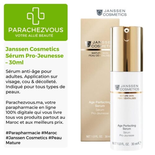 Produit de la marque Janssen Cosmetics Sérum Pro-Jeunesse - 30ml sur un fond blanc, vert et gris avec un logo Parachezvous et celui de la marque Janssen Cosmetics ainsi qu'une description qui détail les informations du produit