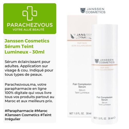 Produit de la marque Janssen Cosmetics Sérum Teint Lumineux - 30ml sur un fond blanc, vert et gris avec un logo Parachezvous et celui de la marque Janssen Cosmetics ainsi qu'une description qui détail les informations du produit