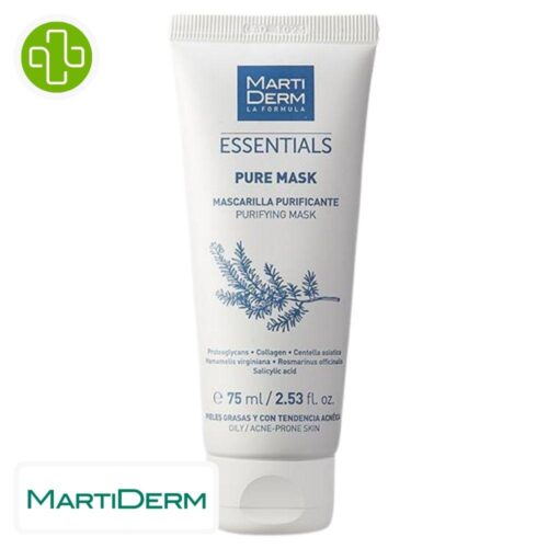 Produit de la marque Marti Derm Essentials Pure Mask Hydratant - 75ml sur un fond blanc avec un logo Parachezvous et celui de de la marque Marti Derm