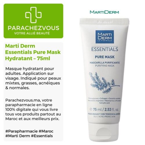 Produit de la marque Marti Derm Essentials Pure Mask Hydratant - 75ml sur un fond blanc, vert et gris avec un logo Parachezvous et celui de la marque Marti Derm ainsi qu'une description qui détail les informations du produit